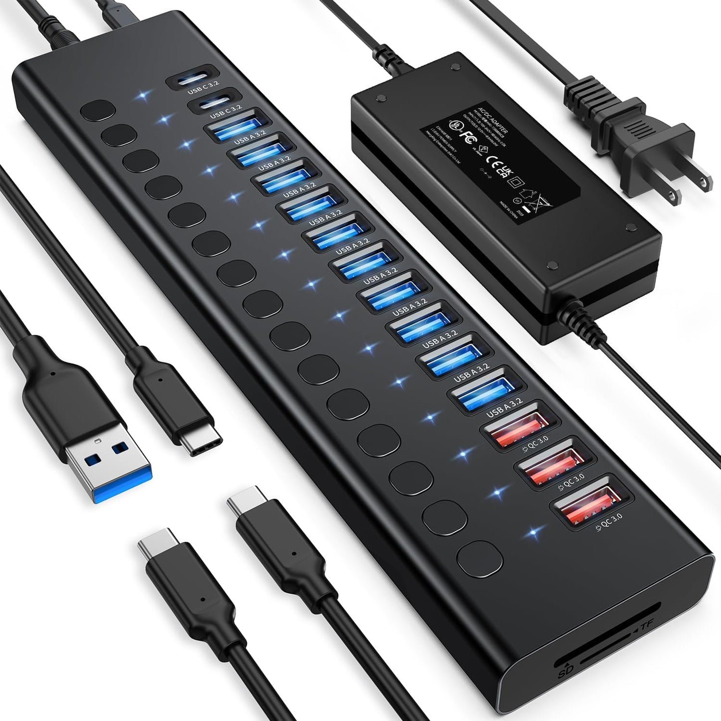 Powered USB Hub 10Gbps, 17 Ports 96W USB 3.2 Hub(10 USB-A 3.2 Ports+3 QC 24W Fast Charging Ports+2 USB-C 3.2 Ports+SD/TF Card Reader), 12V/8A Power Adapter for Laptop, PC, Computer, HDD,Flash Drive
