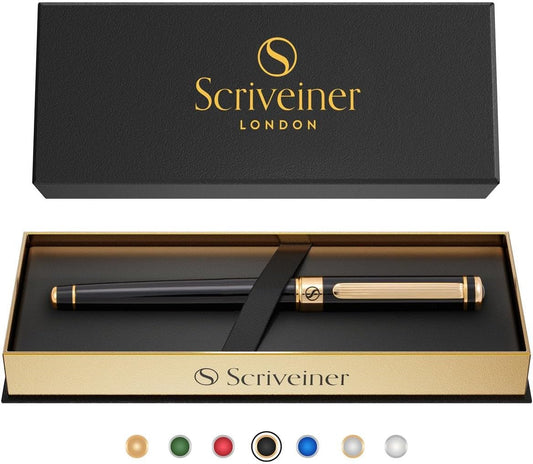 Scriveiner Black Lacquer Rollerball Pen - Stunning Luxury Pen, Real Gold Plating, Schmidt Ink Refill, Best Roller Ball Gift Set for Men & Women, Professional, Executive Office, Nice Pens