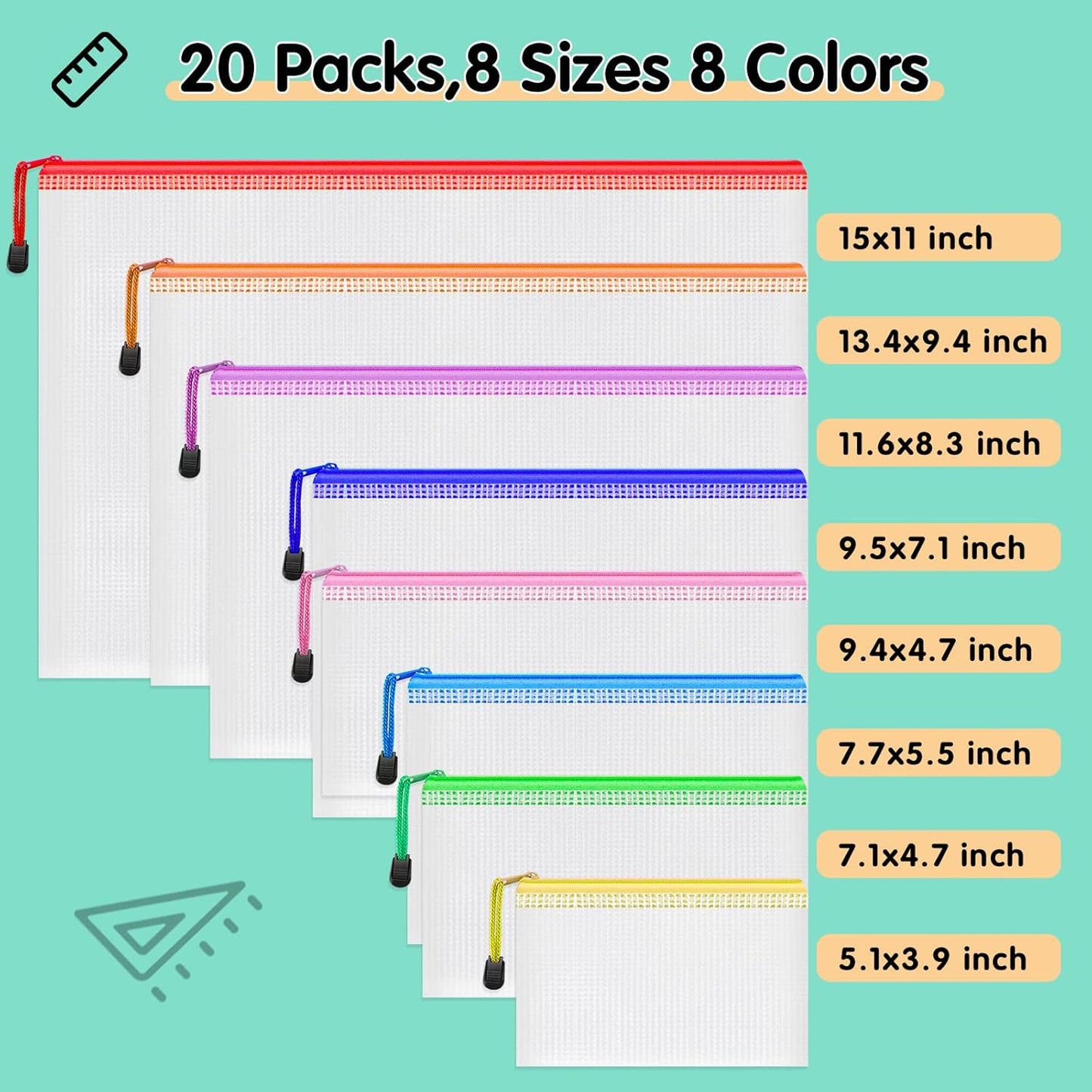 Smarpau 20pcs Mesh Zipper Pouch, 8 Sizes Plastic Zipper Pouches for Organizing, 8 Colors Waterproof Plastic Document Bags for Board Game Storage, Travel, Office Supplies