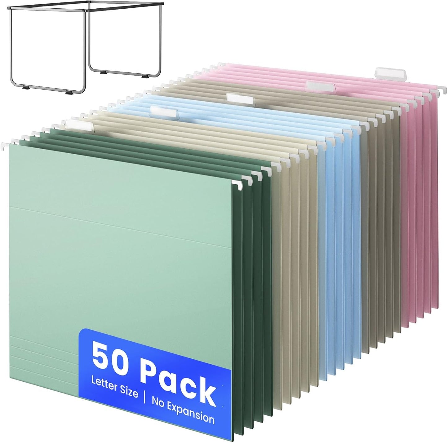Hanging File Folders Letter Size, 50 Pack File Organizer Folders, 1/5-Cut Tabs with Hanging File Folder Frame, Heavy Duty No Extension, Stay Organized for Your Home and Office Bulk File.
