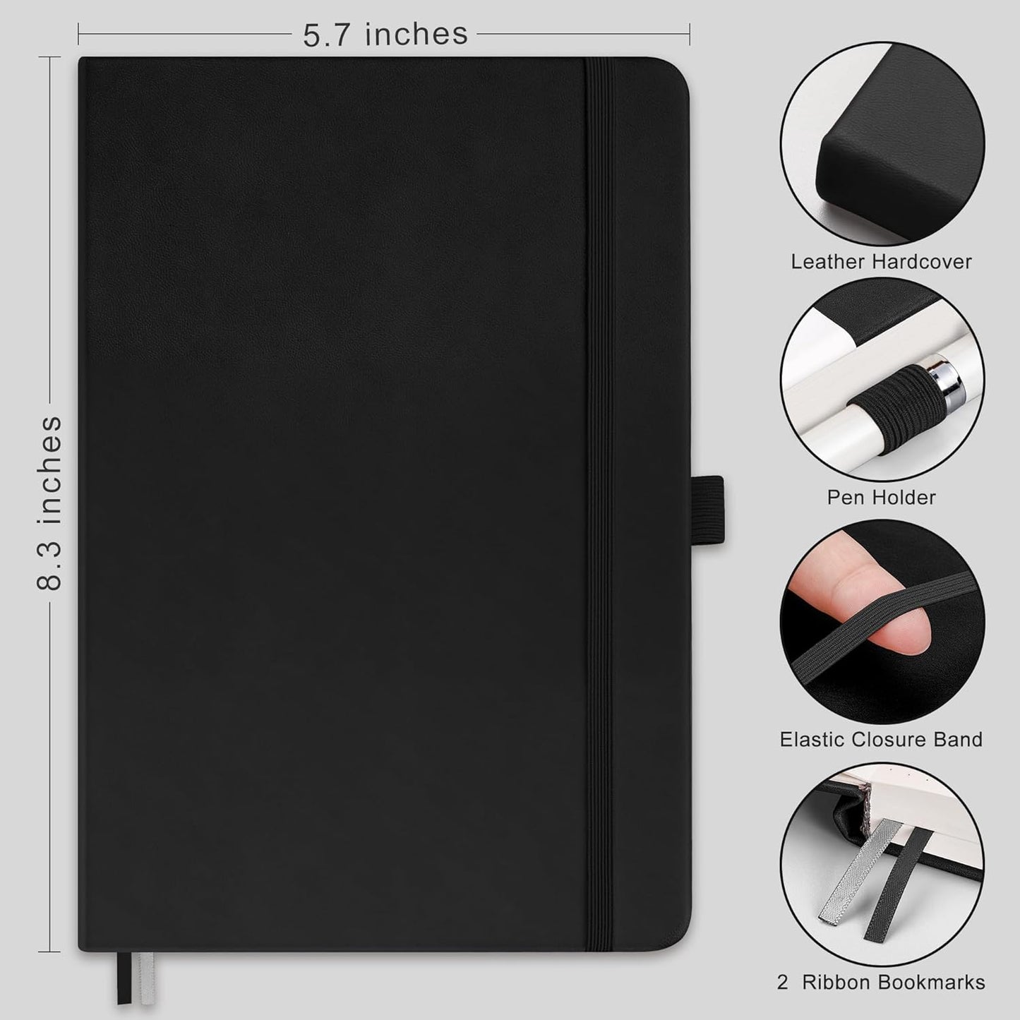 RETTACY Bullet Dotted Journal Notebook, 256 Pages, A5 Medium Size (5.7'' × 8.3''), Leather Hardcover, 120 GSM Thick Paper, for Bullet Journaling, Planning, Tracking (Black)