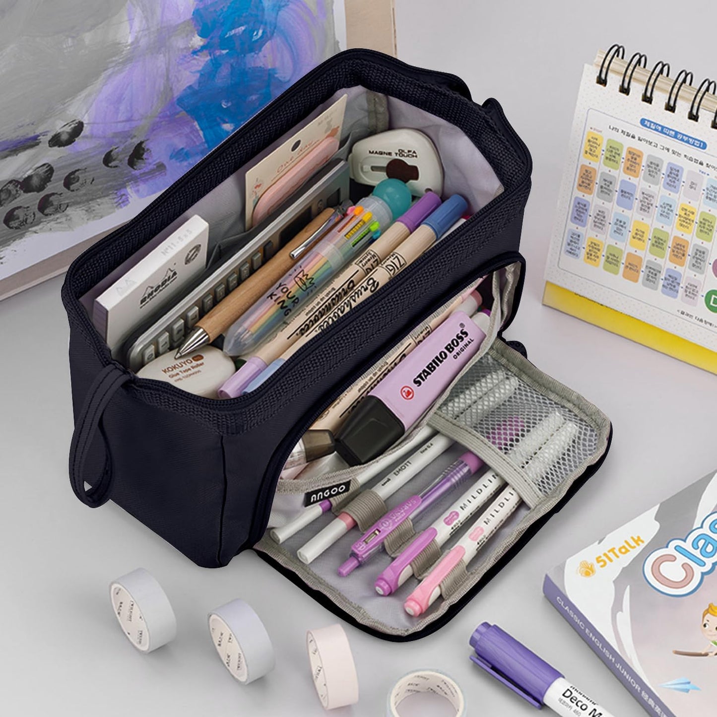 Pencil Case Pouch Large Capacity with Compartments, Pencil Case Pouch Bag with Zipper Handle for Teen Girls Boys Adults Women Men, Portable Pen Bag Stationery Organizer for Office School Travel, Black