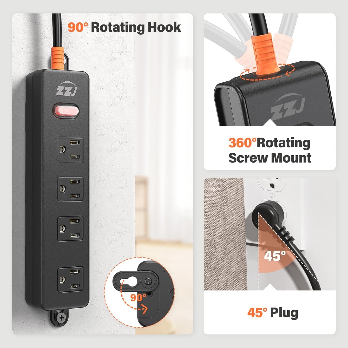 Power Strip Weatherproof, Surge Protector with 4 Wide Outlets, 1875W/15A Overload Protection Switch, 6FT Flat Plug Multi-Plug Outdoor Extension Cord for Indoor Outdoor, UL FCC Listed