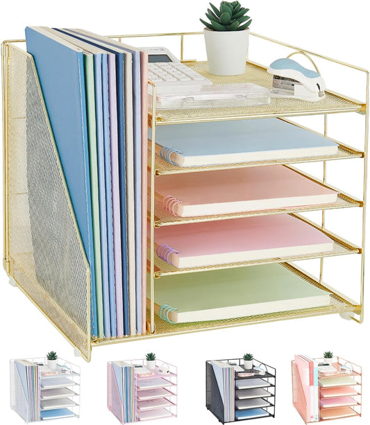 Desk Organizers and Accessories, 5-Tier Paper Letter Tray Organizer with File Holder, Desktop Organizer for Office Supplies, Office Desk Accessories & Workspace (Gold)