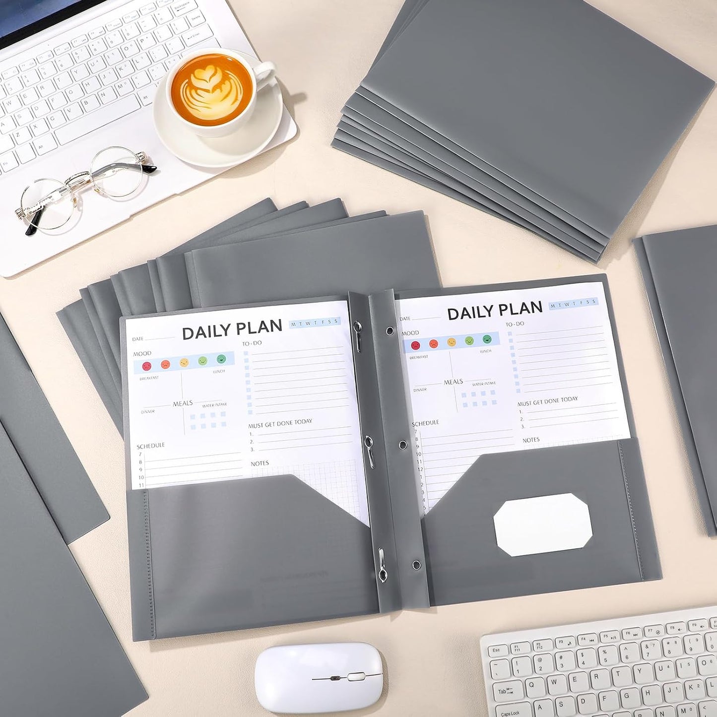 Patelai 48 Pcs Plastic Folders with 2 Pockets and 3 Prongs Home Folders with Card Slot Letter Size Heavy Duty Report Covers for Back to School(Gray,Classic)