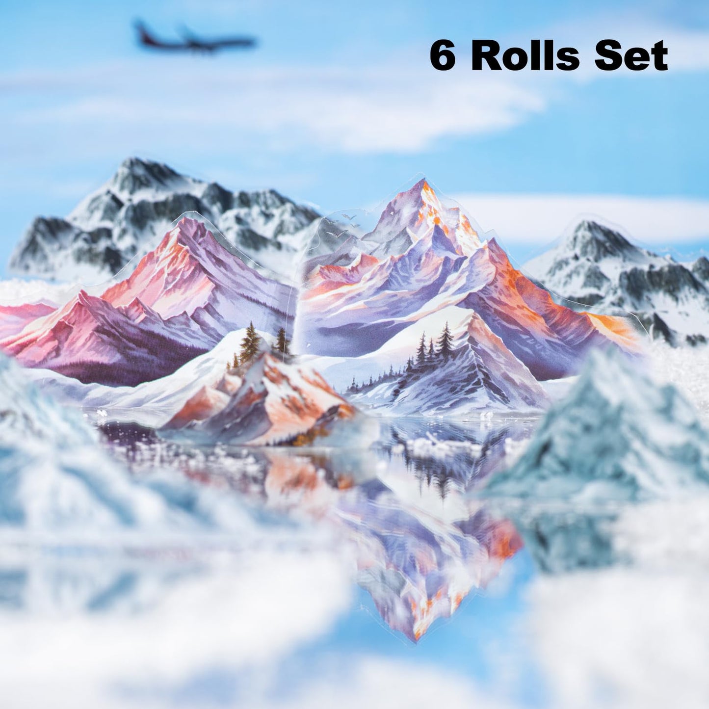 6 Rolls Snow Mountain PET Tape Set, Pre-Cut Scenic Stickers for Scrapbooking, Journaling Supplies, DIY Crafts, with Decorative Clip