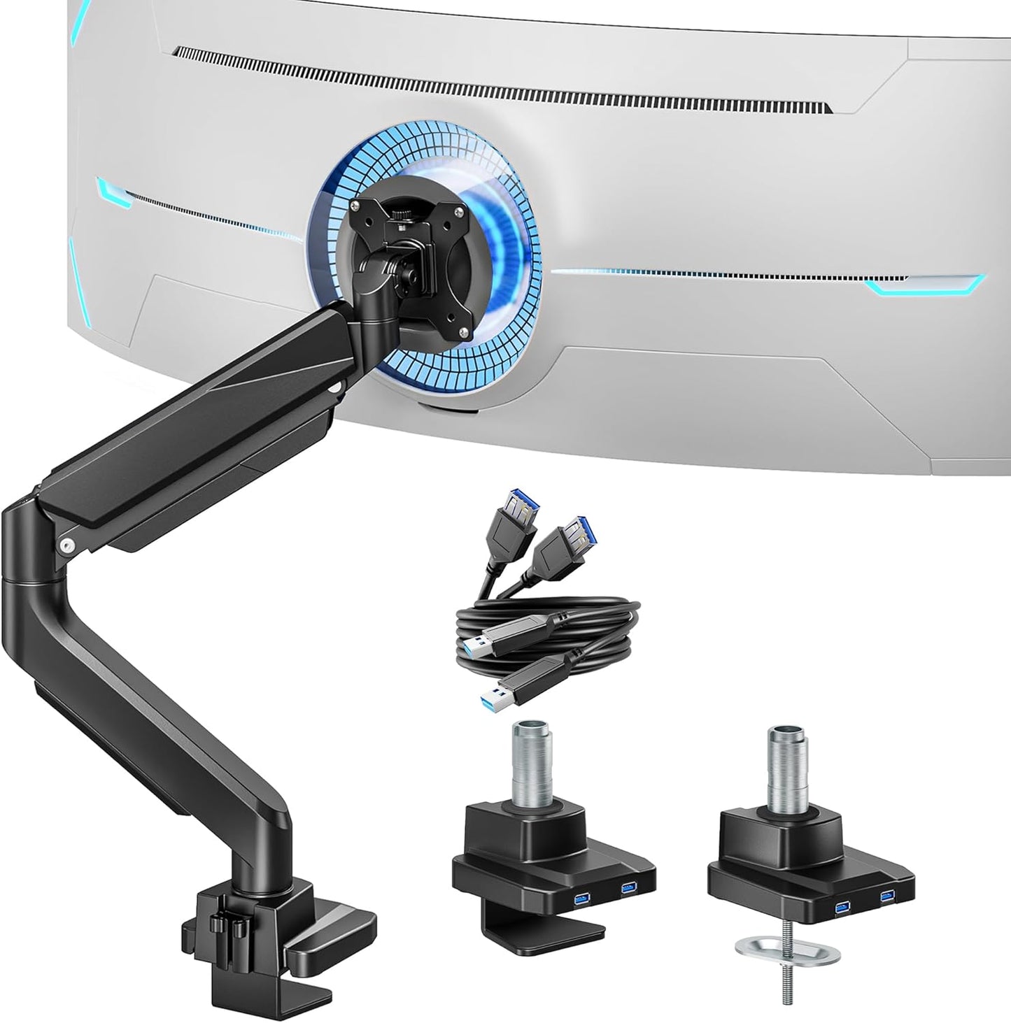 ARES WING Single Monitor Arm, Heavy Duty Adjustable Monitor Arm for 13"-45" Screens with USB, Gas Spring Desk Mount Stand with C Clamp/Grommet Mounting Base up to 40lbs Computer, Black