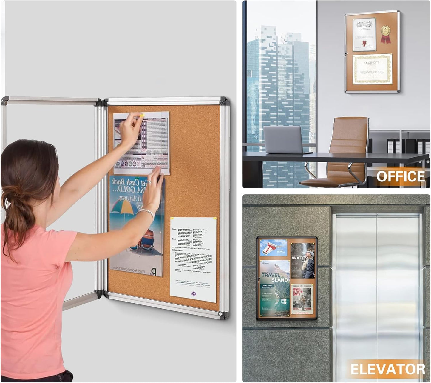 SWANCROWN Enclosed Bulletin Board,Lockable Cork Noticeboard for School Office,Wall Display Case with Lock 20"x14"(2xA4)