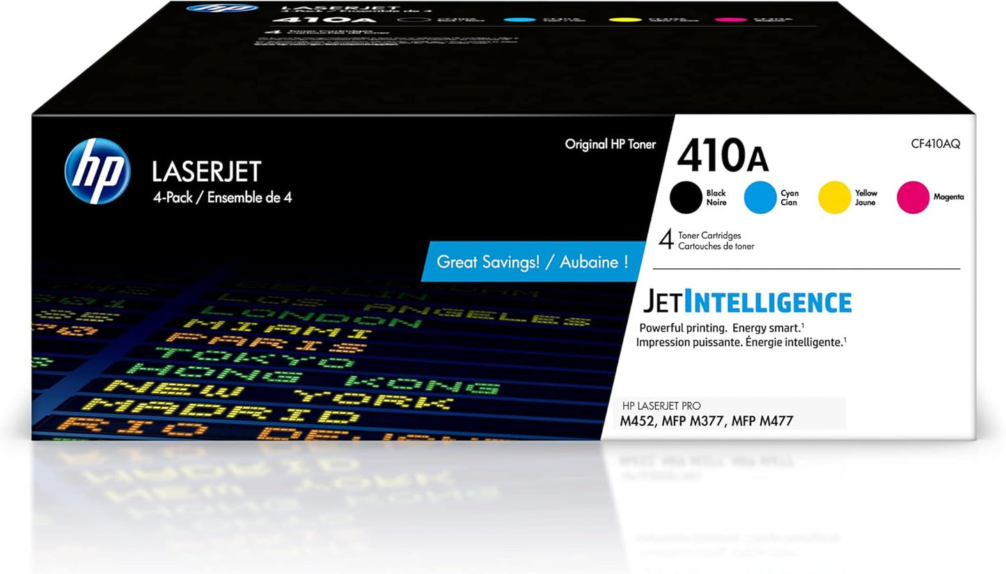 HP 410A Black, Cyan, Magenta, Yellow Toner Cartridges (4-pack) | Works with HP Color LaserJet Pro M452 Series, HP Color LaserJet Pro MFP M377, M477 Series | CF410AQ