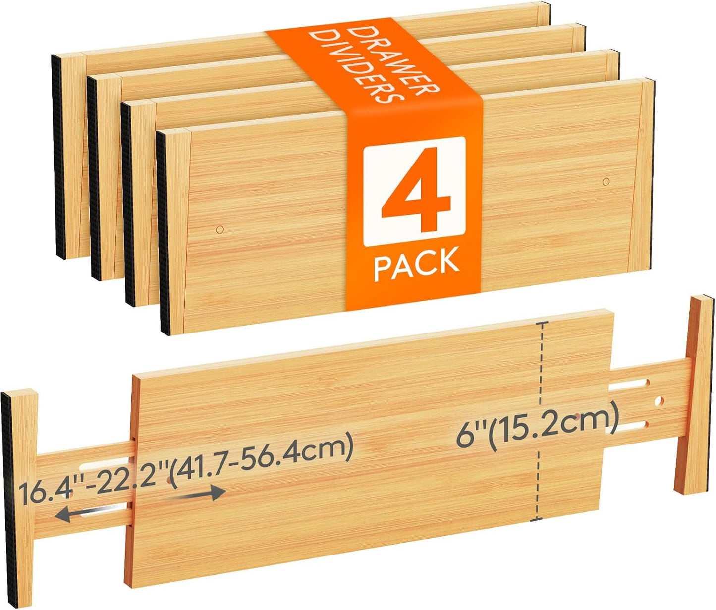 Lifewit 4 Pack Drawer Dividers Bamboo 6" High, 16-22" Adjustable Clothes Drawer Organizers, Expandable Dresser Separators in Bedroom/Bathroom/Kitchen/Office Organization and Storage