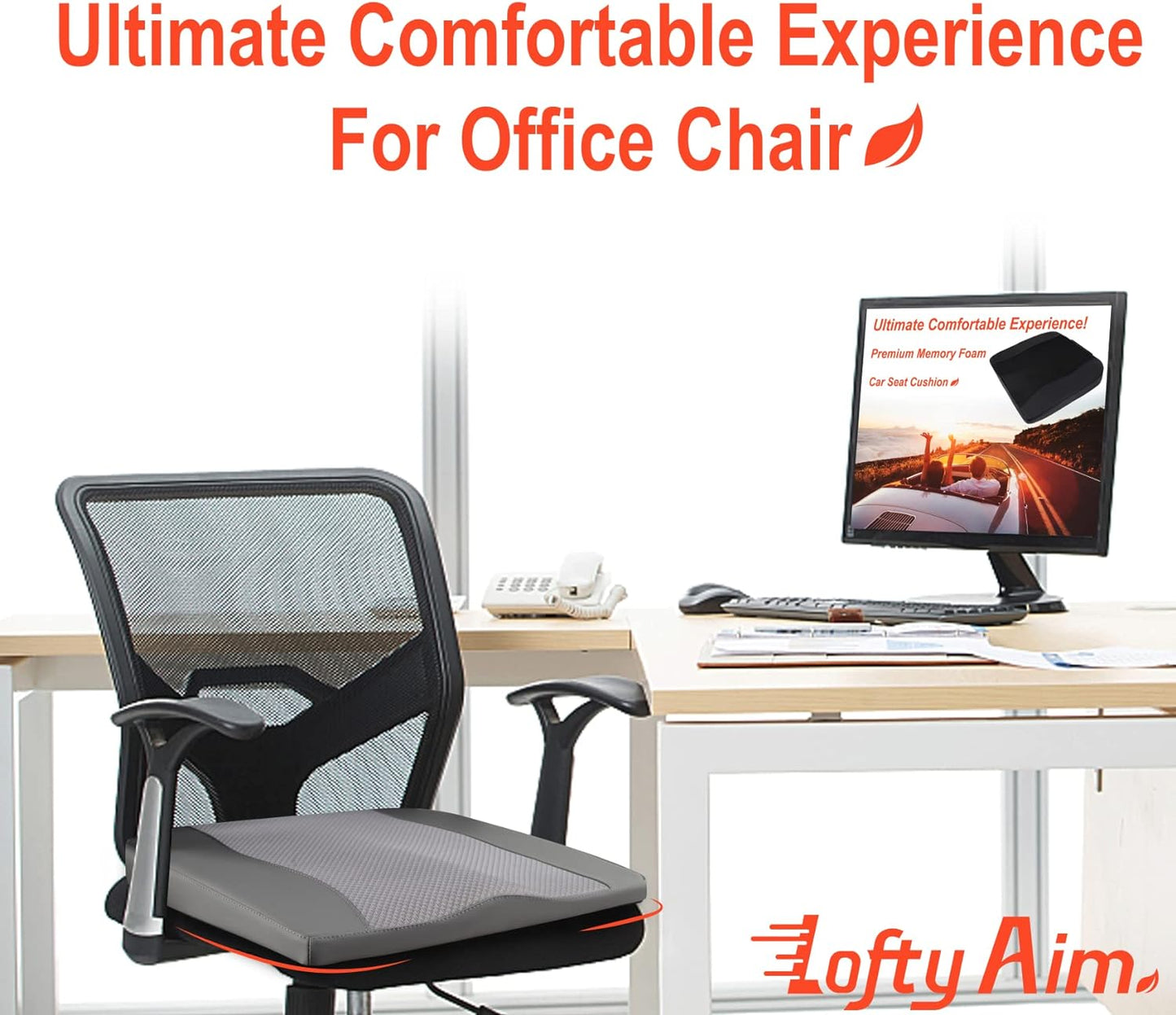 Car Seat Cushion, Comfort Memory Foam Car Cushions for Driving - Sciatica & Lower Back Pain Relief, Driver Seat Pillow for Auto, Office Chair, Wheelchair - Dark Grey