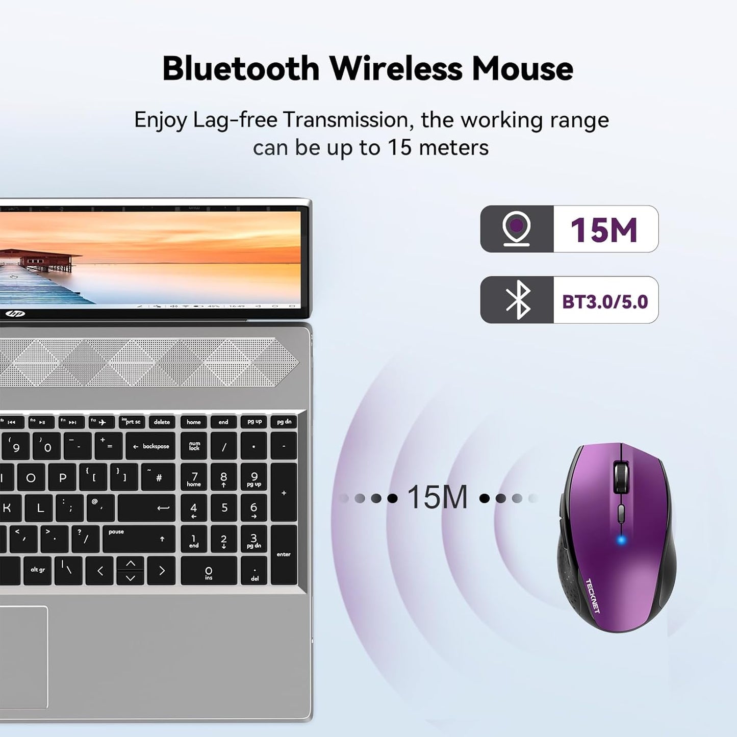 TECKNET Bluetooth Mouse, 4800 DPI Wireless Mouse, 2-Year Battery 6 Adjustable DPI, 6 Buttons Compatible with Laptop/Windows/Computer - Purple