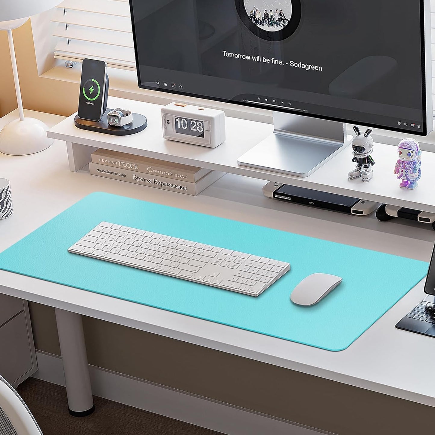 Boutilon Leather Desk Pad Protector,Non-Slip Mouse Pad,Laptop Desk Pad,Office Mouse Mat,Waterproof Leather Desk Blotter,Desk Writing Pad for Office and Home (M-Bright Blue,30"x14")