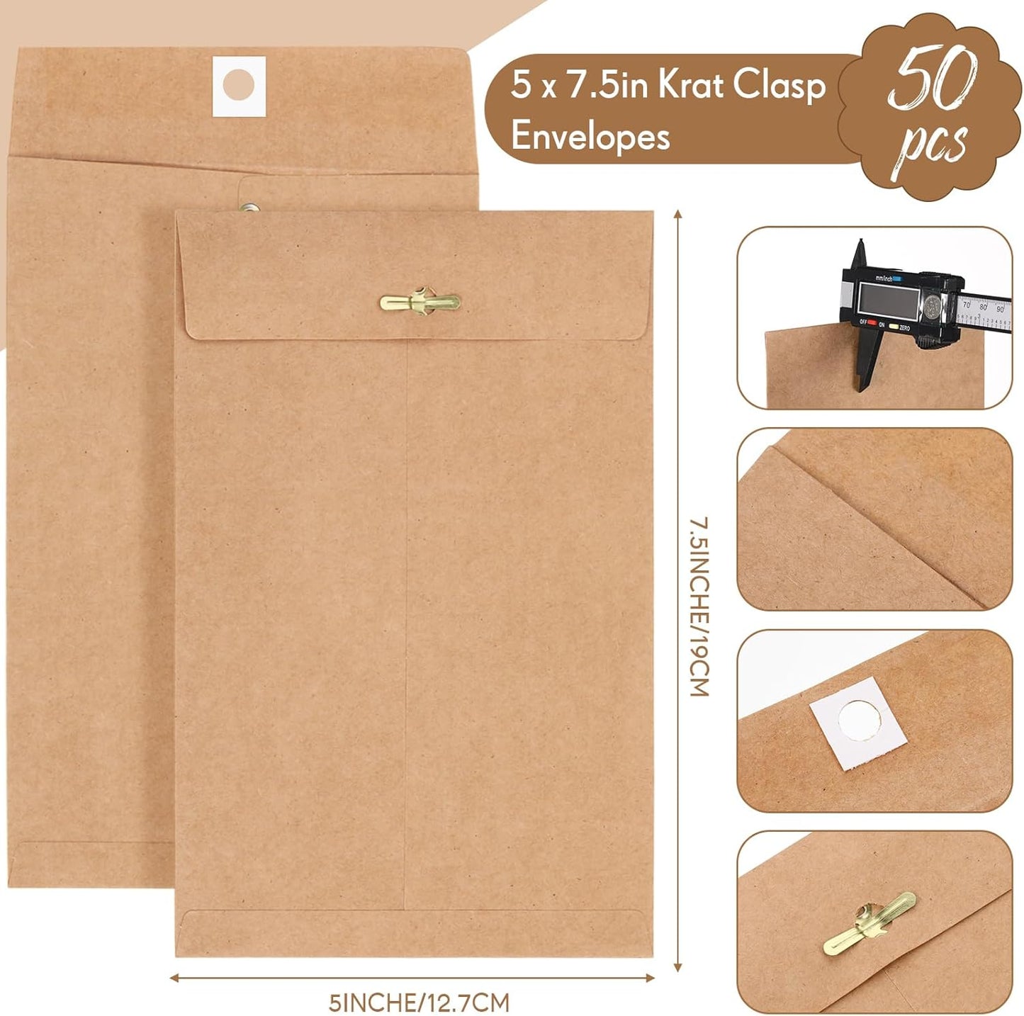 Teling 50 Pcs Manilla Envelopes Clasp Kraft Catalog with Closure for Storing Mailing 28 lb Kraft Envelope Paper for Office Document School Business Home(Brown,5 * 7.5)