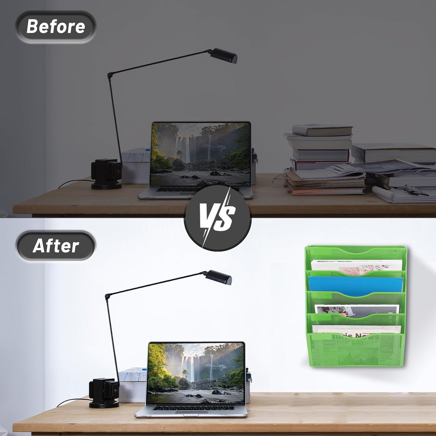 EASEPRES 5 Pocket Mesh Hanging Wall File Organizer, Wall Mounted Mail Paper Document Folder Holder, Clipboard Storage Organization Magazine Rack with Nametag Label for Office Home School, Green