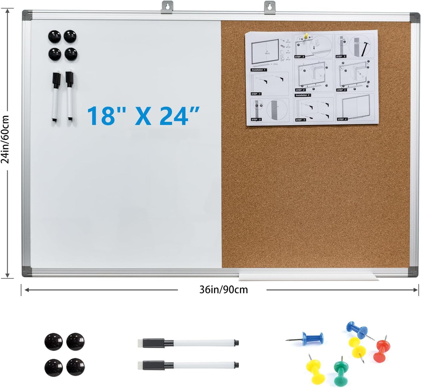 Combination Writeboard 36"x 24" Magnetic Whiteboard & Cork Board Aluminium Frame Dry Erase Board Bulletin Board Wall Mounted Memo Message