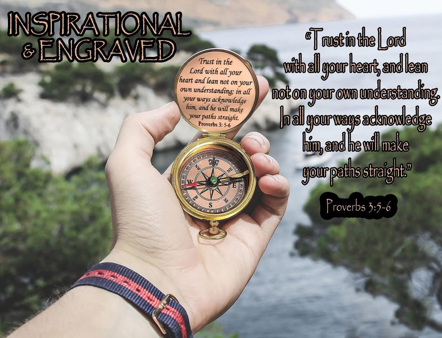 Trust in The Lord With All Your Heart - Proverbs 3:5-6 Quote Engraved Compass With Wooden Box, Greeting Card, Gift Compass, Graduation Day Gifts 2024 for Women Men Boys Girls