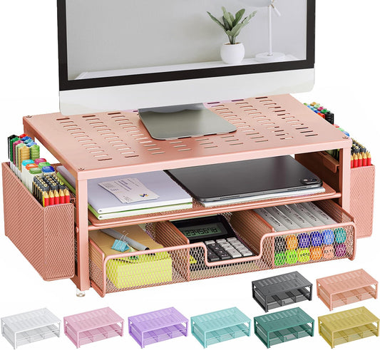gianotter Desk Organizers and Accessories, Monitor Stand with Drawer and 2 Pen Holder, Desktop Organizer Suitable for Offices and Dormitories (Rose Gold)