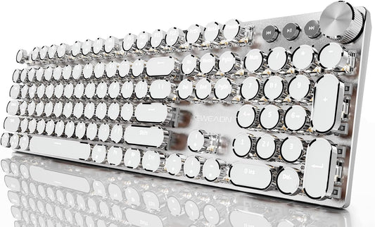 EWEADN Typewriter Style Mechanical Gaming Keyboard, Wired Mechanical Keyboards,104 Keys Backlit LED Keyboards, Media Control Knob, Wired Computer Keyboard Pink Switch for Windows/Mac/PC-White