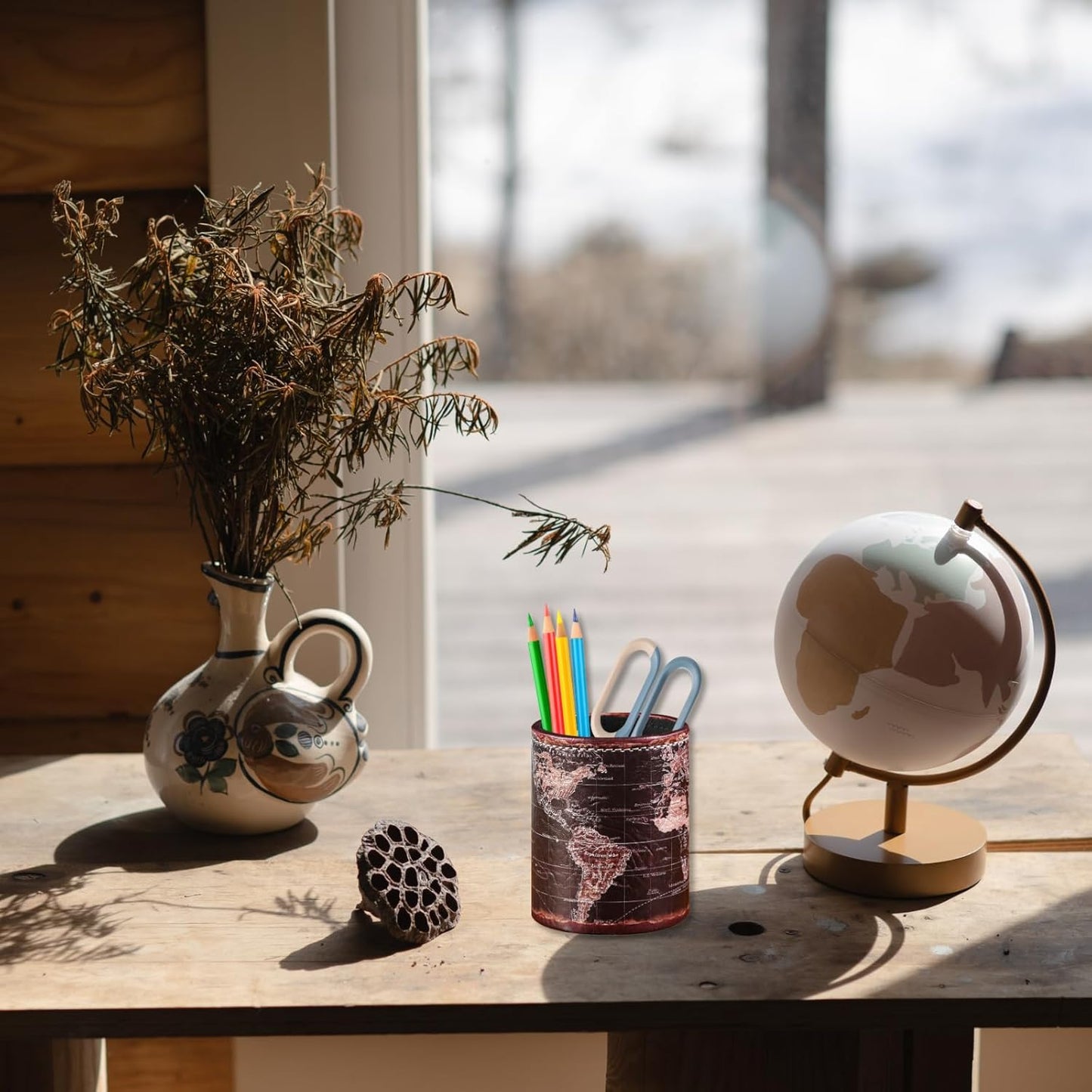 Black World Map Pencil Holder for Desk, PU leather Pencil Cup, Globe Pen Holder for Desk Office Supply Organizer PH46