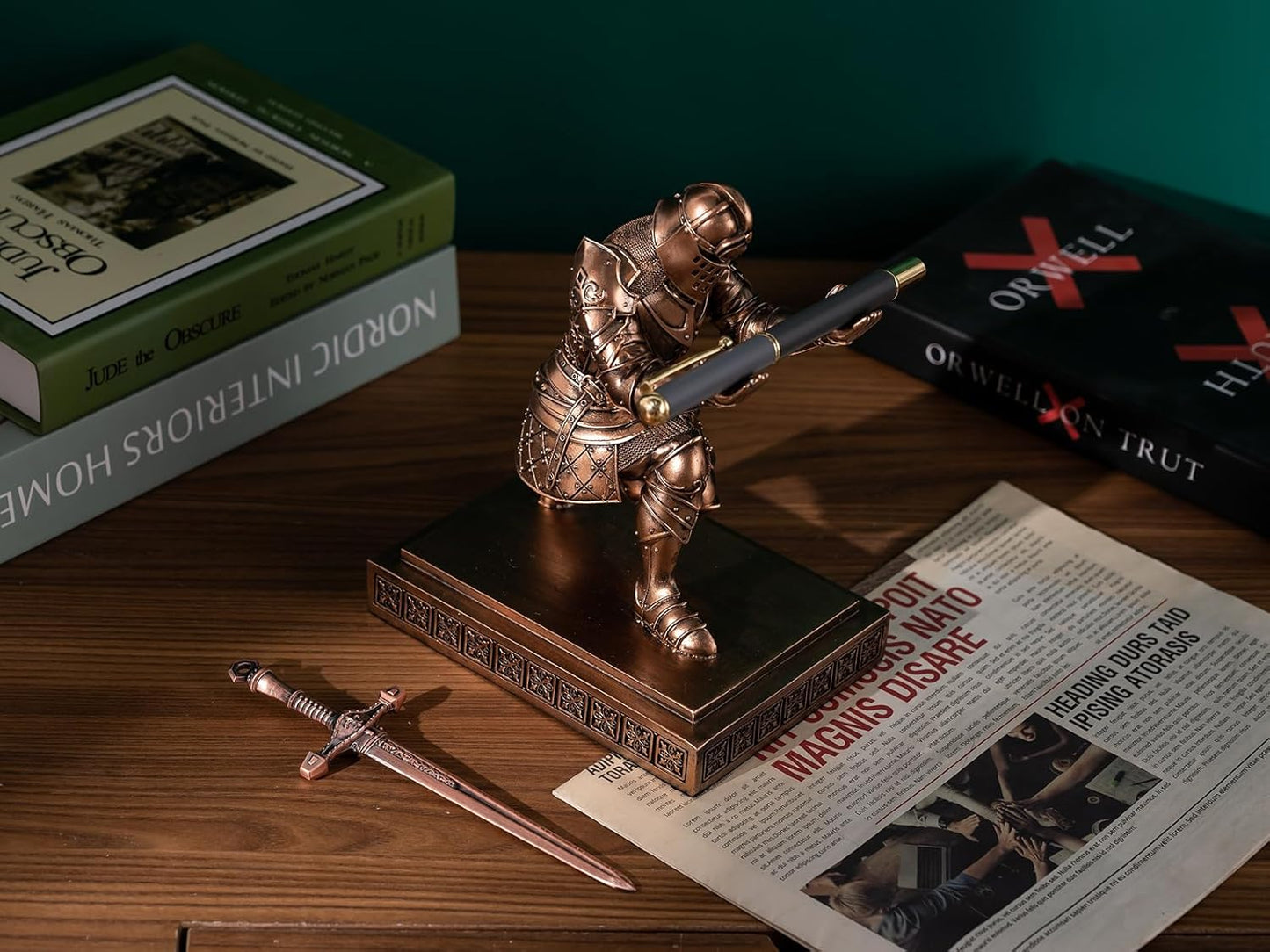 King's Guard Knight Pen Holder Pen Stand Desk Organizers and Accessories Resin Pencil Holder as Gift for Office and Home (Copper)