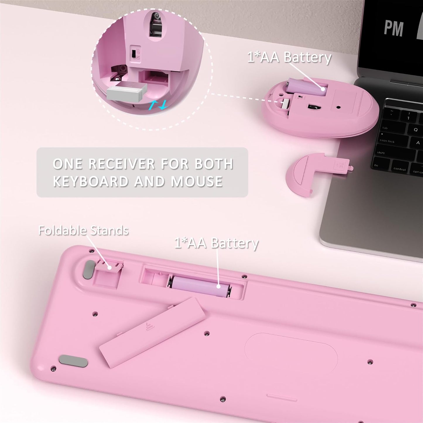 Colorful Wireless Keyboard and Mouse Combo, COVEVA 2.4GHz Wireless Retro Cute Round Keycaps Keyboard, 104 Keys Full-Sized Keyboard Mouse Set with Switch Button for PC Laptop Desktop (Pink Colorful)