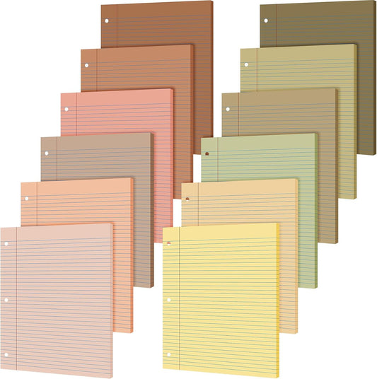 PerKoop 12 Pack 600 Sheets Colored Lined Paper Bulk Wide Ruled 8 x 10.5 Inches, Pastel Loose Leaf Notebook Paper 3 Hole Punched Filler for Back School Classroom Supplies(Cute Color)