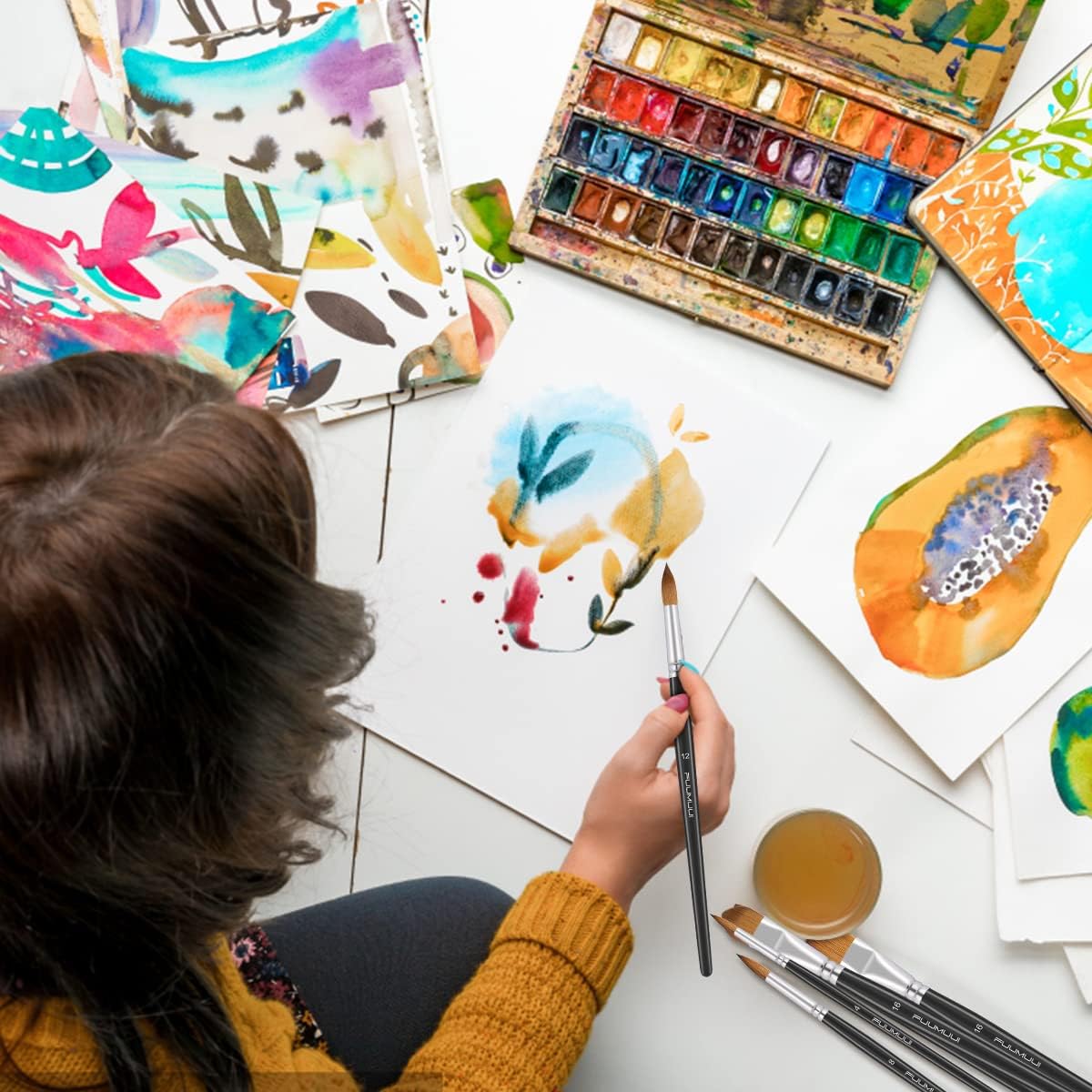 Watercolor Brushes Professional, Fuumuui 8Pcs Sable Paint Brush Set Variety Shapes with Flat, Round Pointed, Cat's Tongue Oval Wash Perfect for Watercolor Acrylic Gouache Inks Painting