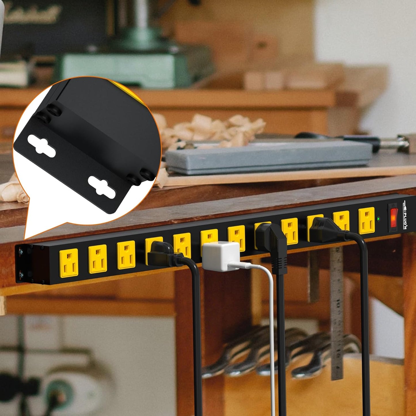 12 Outlet Long Power Strip, 3FT Power Cord, 2100 Joules Surge Protector, Wide Spaced Outlet Power Bar, Overload Protection Switch, Industrial Heavy Duty for Work Bench, Shop, Garage