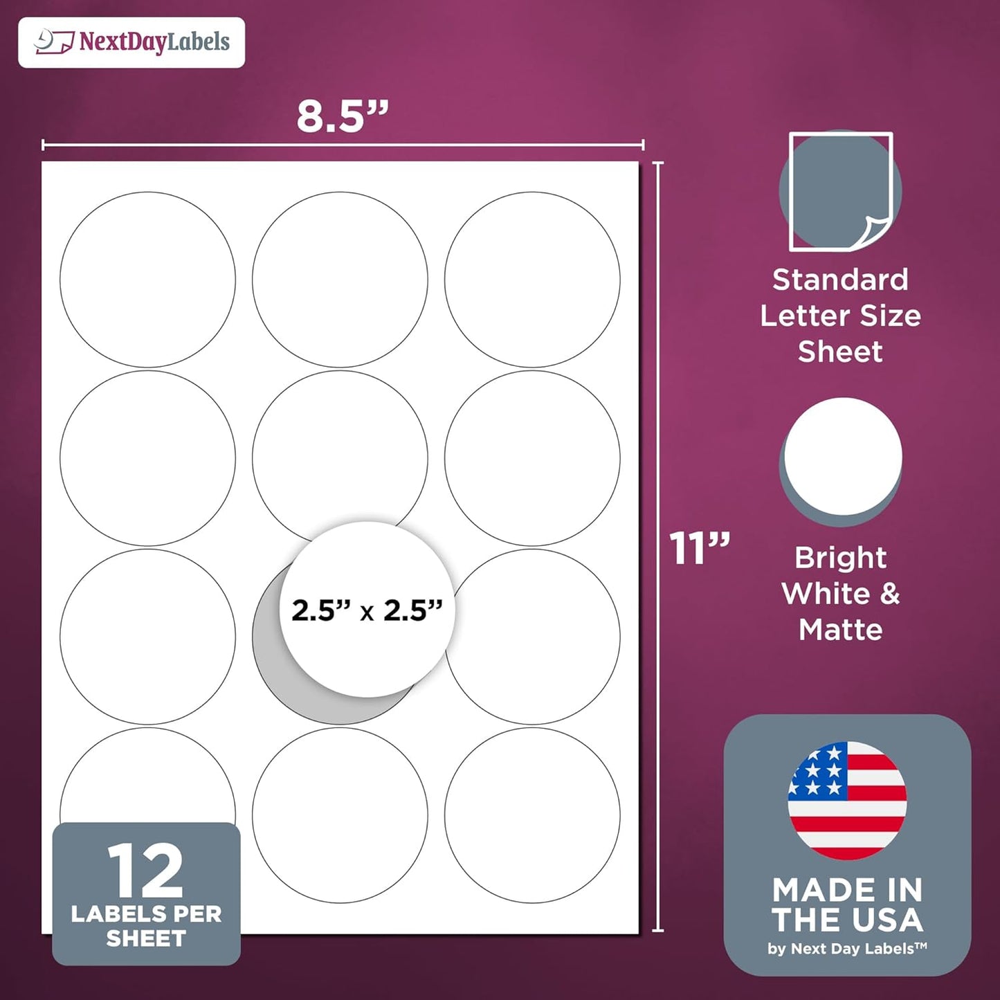 NextDayLabels 2.5 Inch Round Stickers for Printer - Matte White Blank Laser/Inkjet Printable Circles - 100 Sheets, 12 Per Sheet, 1200 Labels