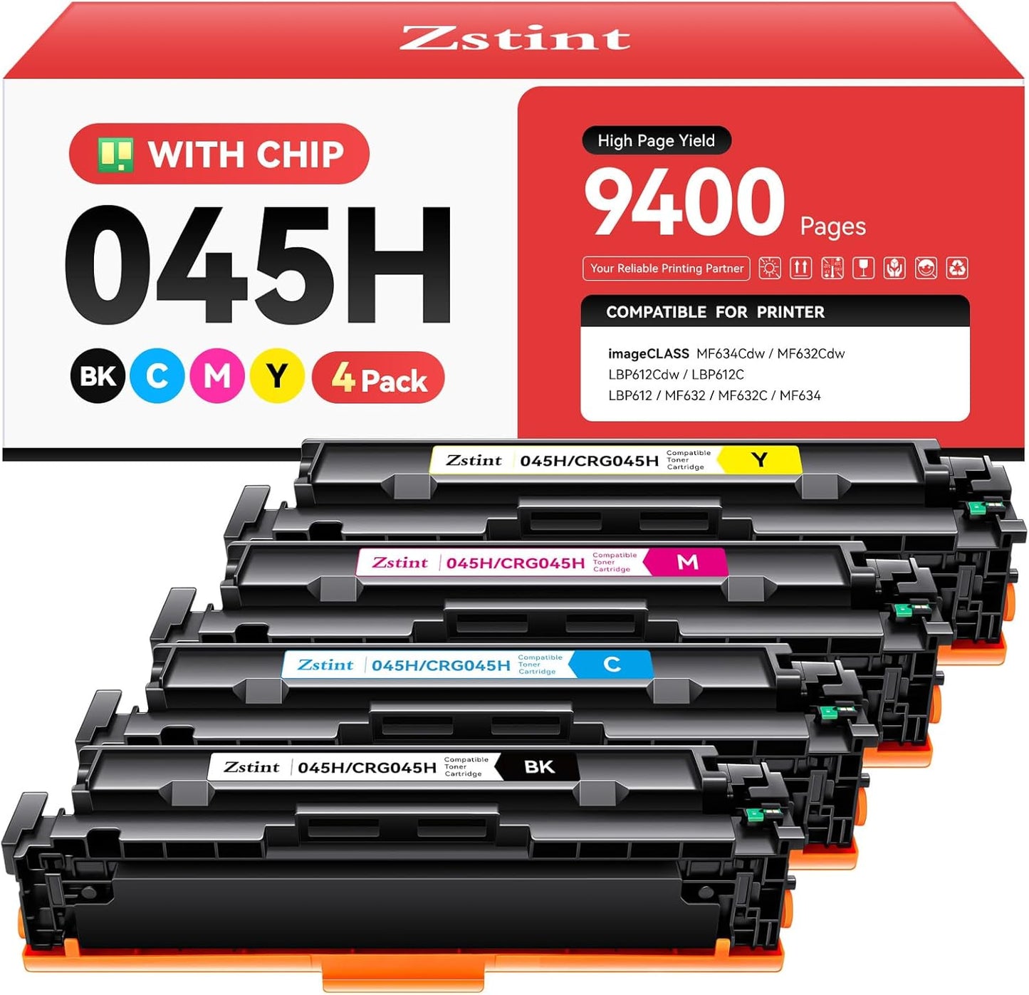 045H Toner Cartridge 4-Pack High Yield with Chip Replacement for Canon 045H CRG-045H Toner Cartridges Compatible with Canon imageCLASS MF634Cdw MF632Cdw LBP612Cdw LBP612C MF632 MF632C MF634 Printer