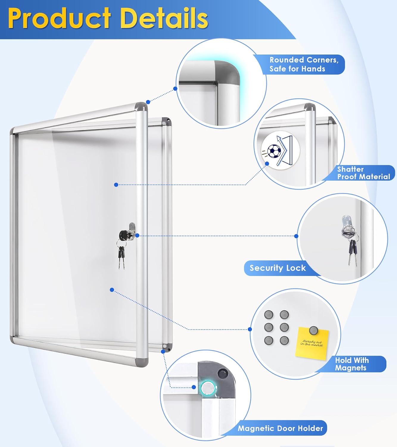 SWANCROWN Enclosed Bulletin Board Dry Erase Noticeboard Lockable Display Boards White with Aluminium Frame 20x14inch(2xA4)