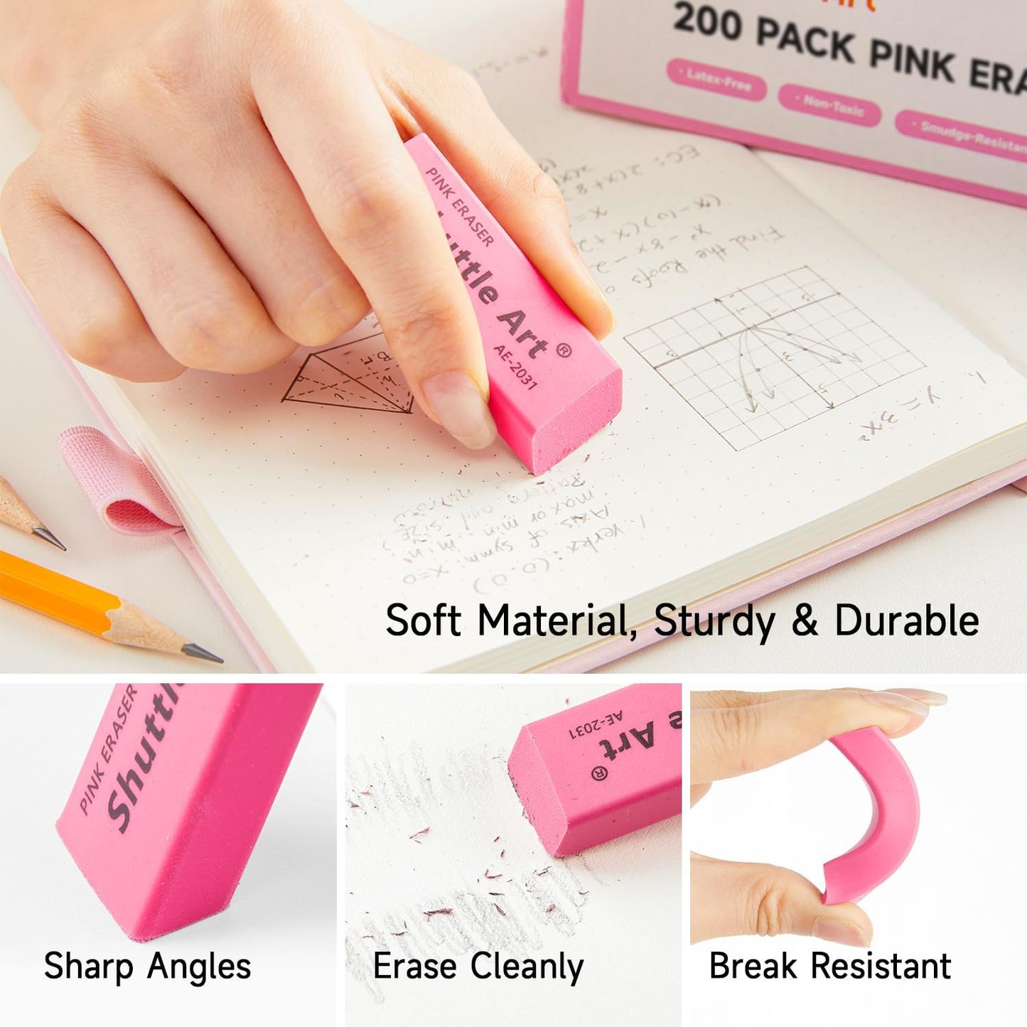 Shuttle Art Pink Erasers, 200 Pack Bulk for School, Office, Latex-Free Soft Erasers for Kids, Teachers as School Supplies