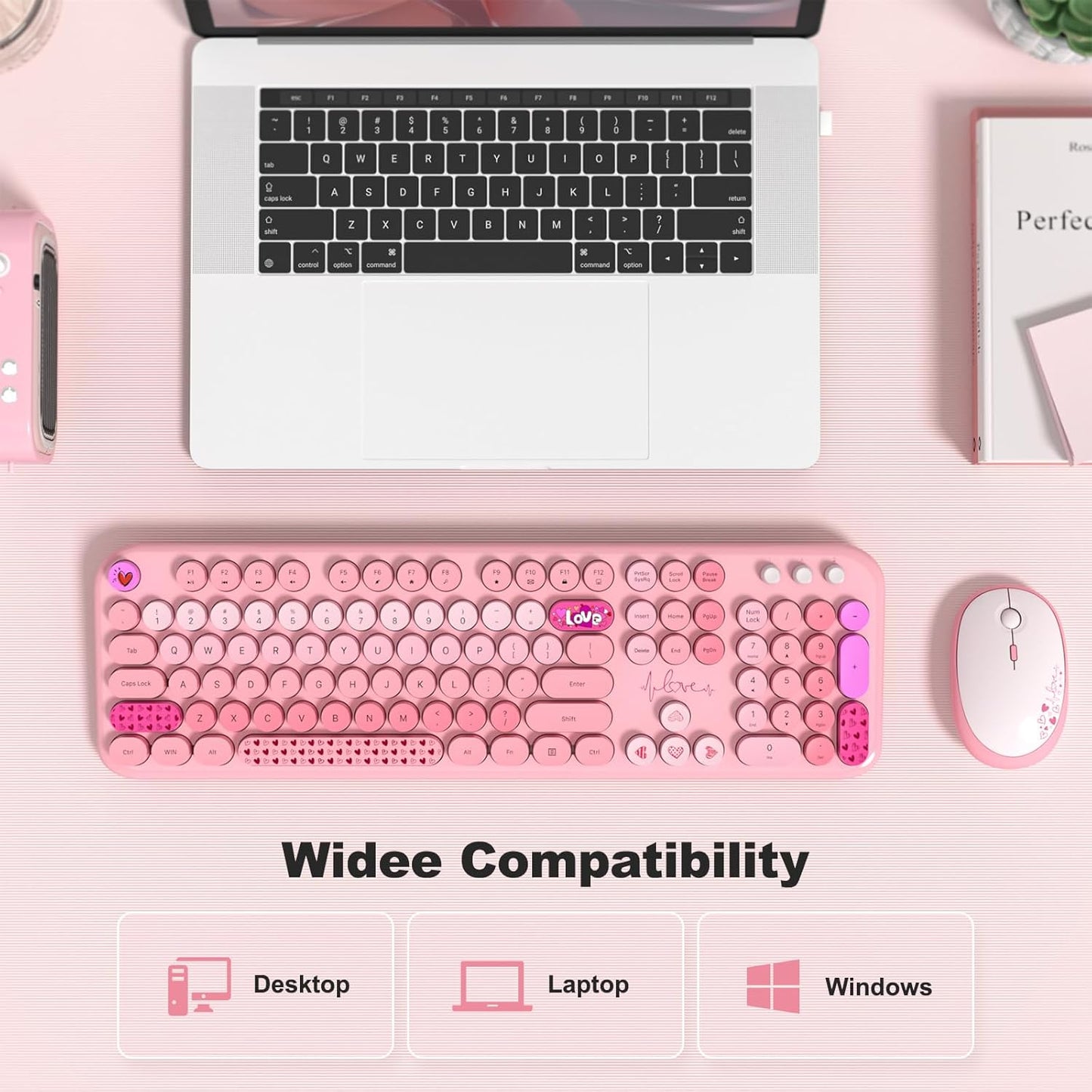 Wireless Keyboard and Mouse Combo, MOWUX Full Size Typewriter Retro Round Computer Keyboard, Cute Optical Mouse Wireless, Plug and Play, for Laptop, PC, Computer- Pink Heart