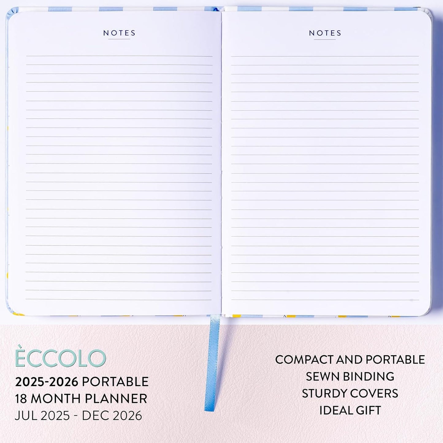 2025-2026 Eccolo 18 Month Bound Planner, Monthly & Weekly Pages (5.25 x 7.75" - July 2025 - Dec 2026 - Lemon Blue Stripes)
