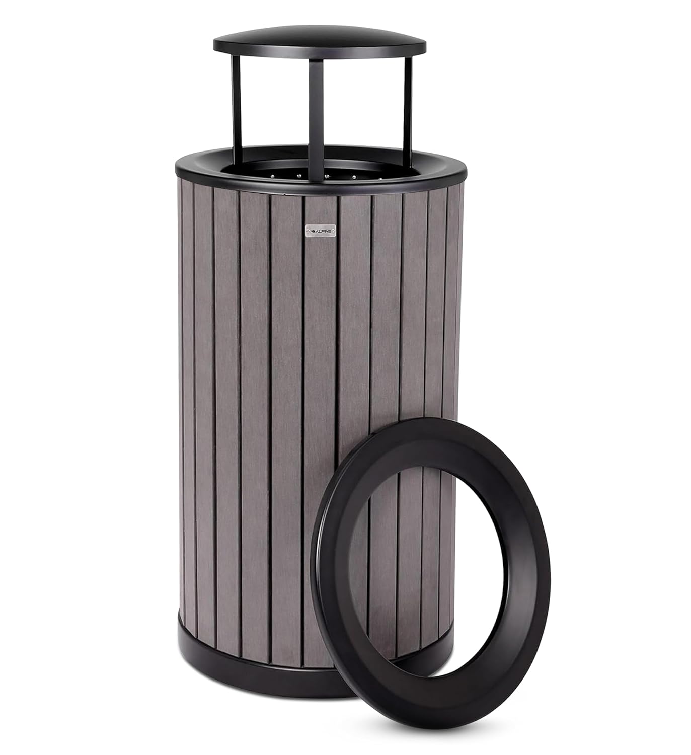 Alpine 32 Gallon Commercial Outdoor Trash Can - Heavy Duty Garbage Can Outdoor, Industrial Trash Can with Plastic Panels for Patio, Parks, Trails & Resorts (Rain Bonnet Lid - Grey)