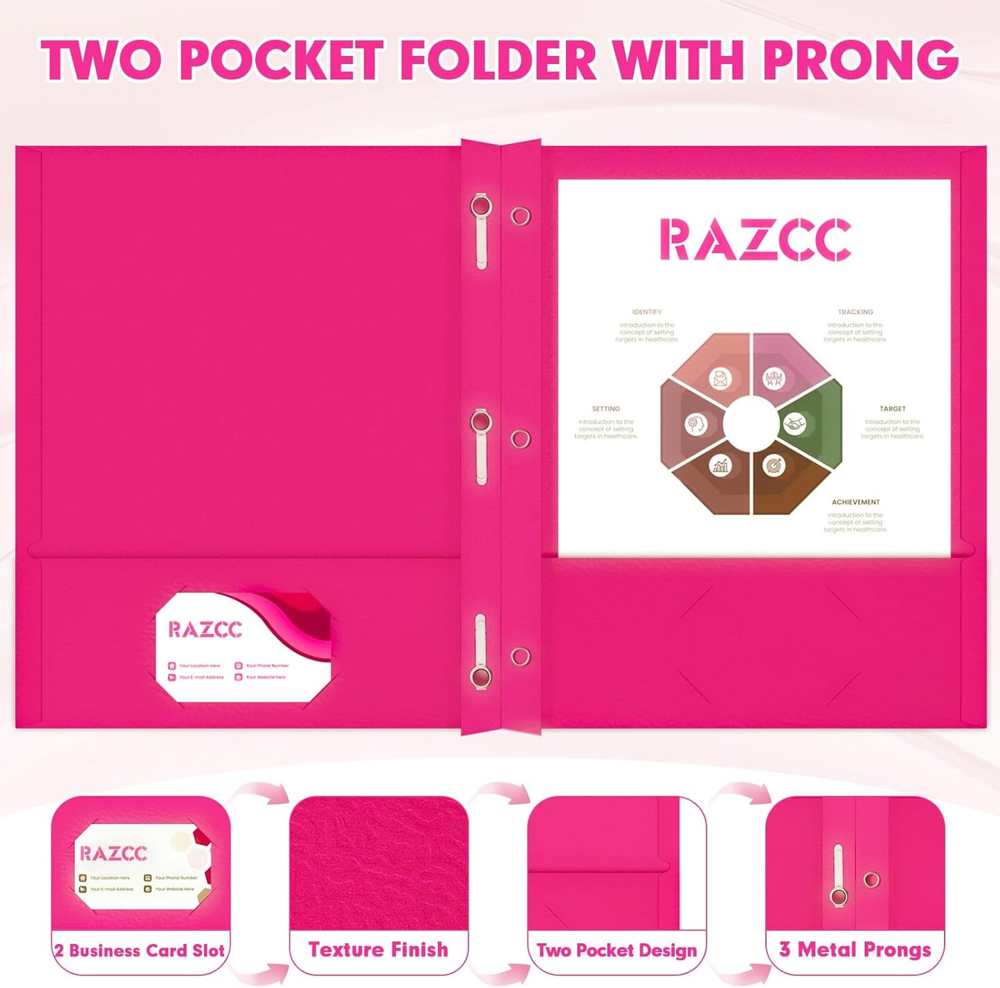 Two Pocket Folders, RAZCC 75 Pack Two Pocket Folders with Prongs, 3 Prong Folders Fit Letter Size Paper, Pocket File Folders for School Office Home Business, Magenta