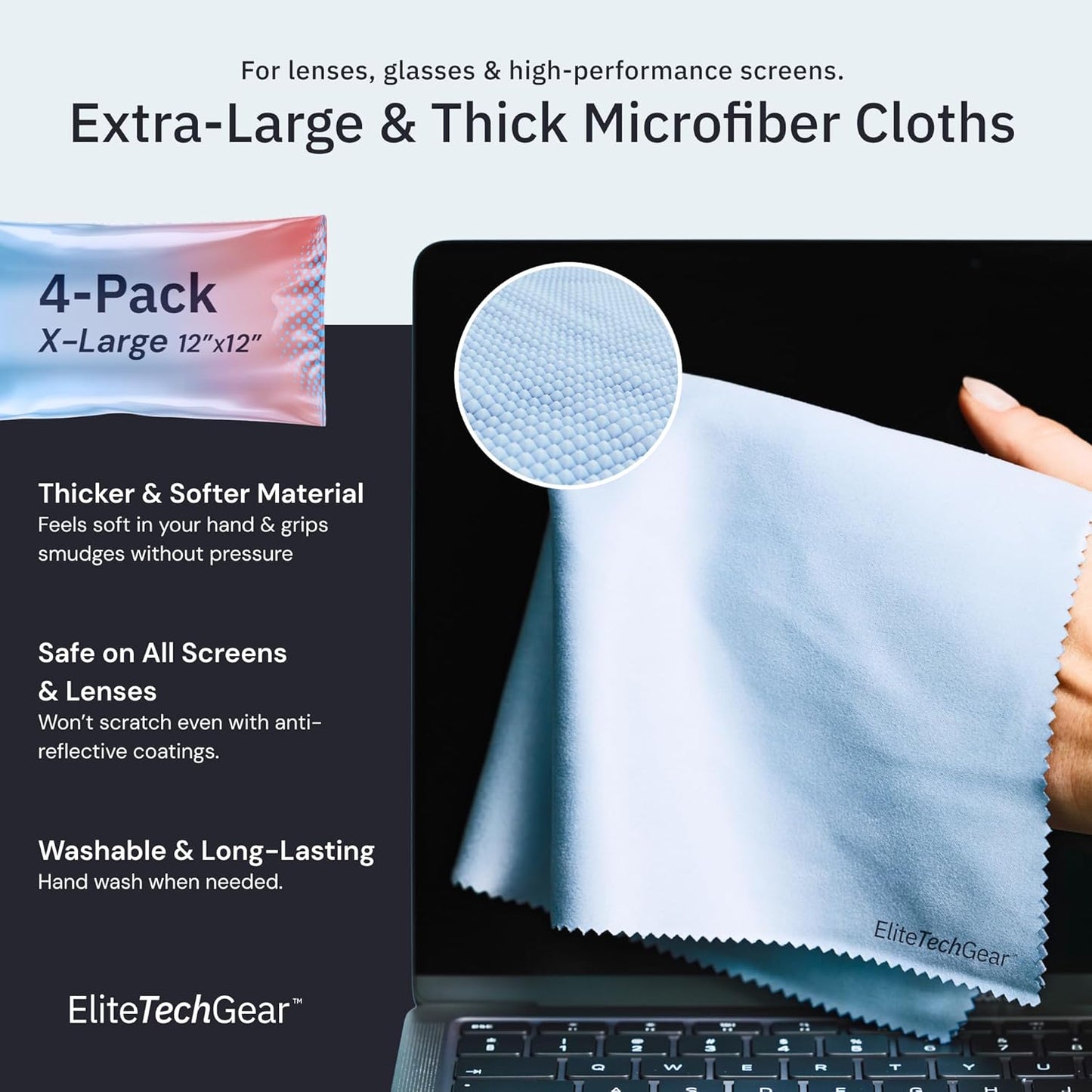 Elite Tech Gear 4-Pack Microfiber Cloth Set - 12"x12" Oversized Washable & Durable Wipes for Glasses, Lenses, Electronics & Screens - Glasses Cleaner Cloth