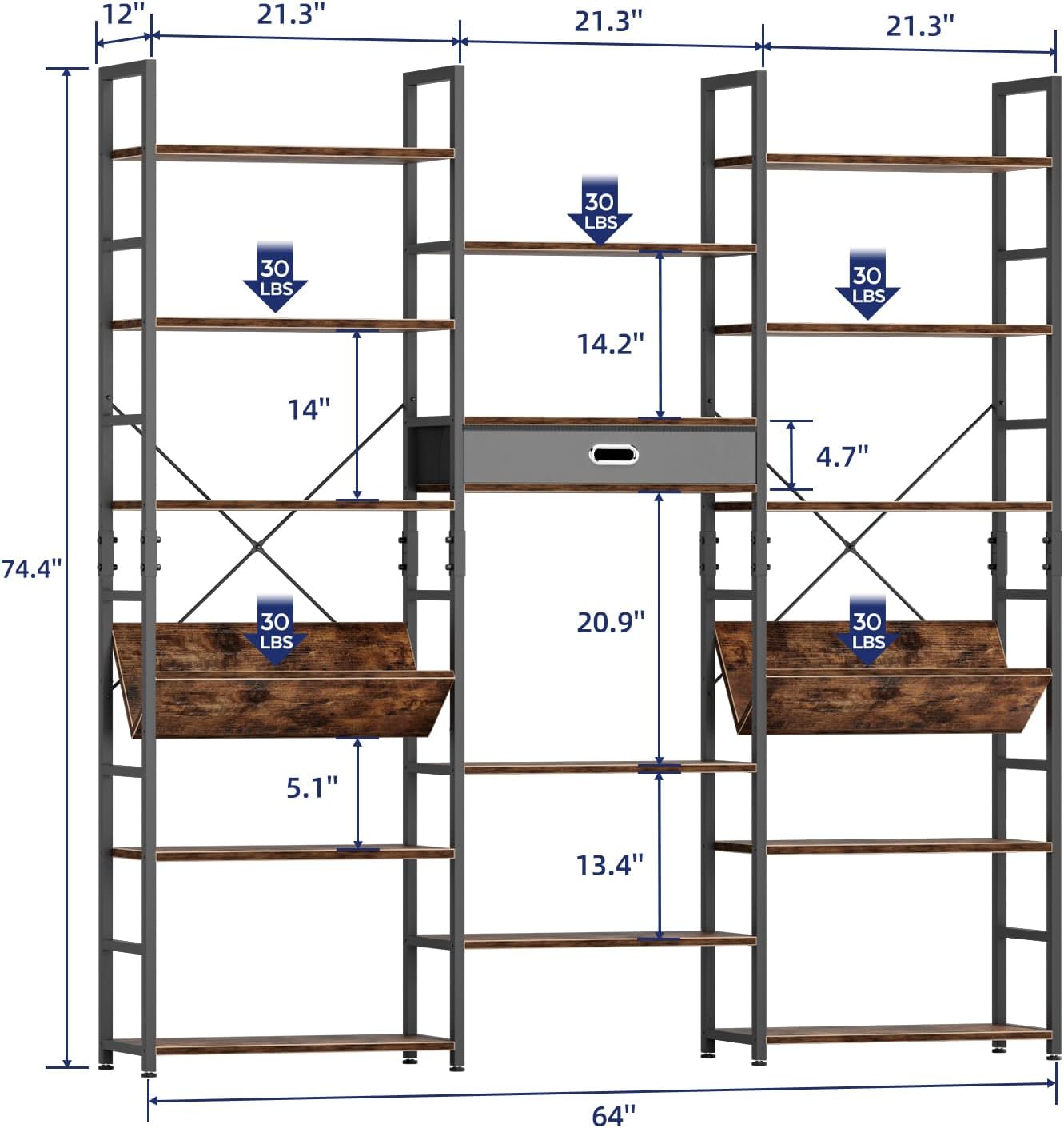 NUMENN Bookcases and Bookshelves Triple Wide 6 Tier Bookshelf, Large Etagere Bookshelf with Storage Drawer, Adjustable Open Display Shelves for Living Room Bedroom Home Office, Vintage