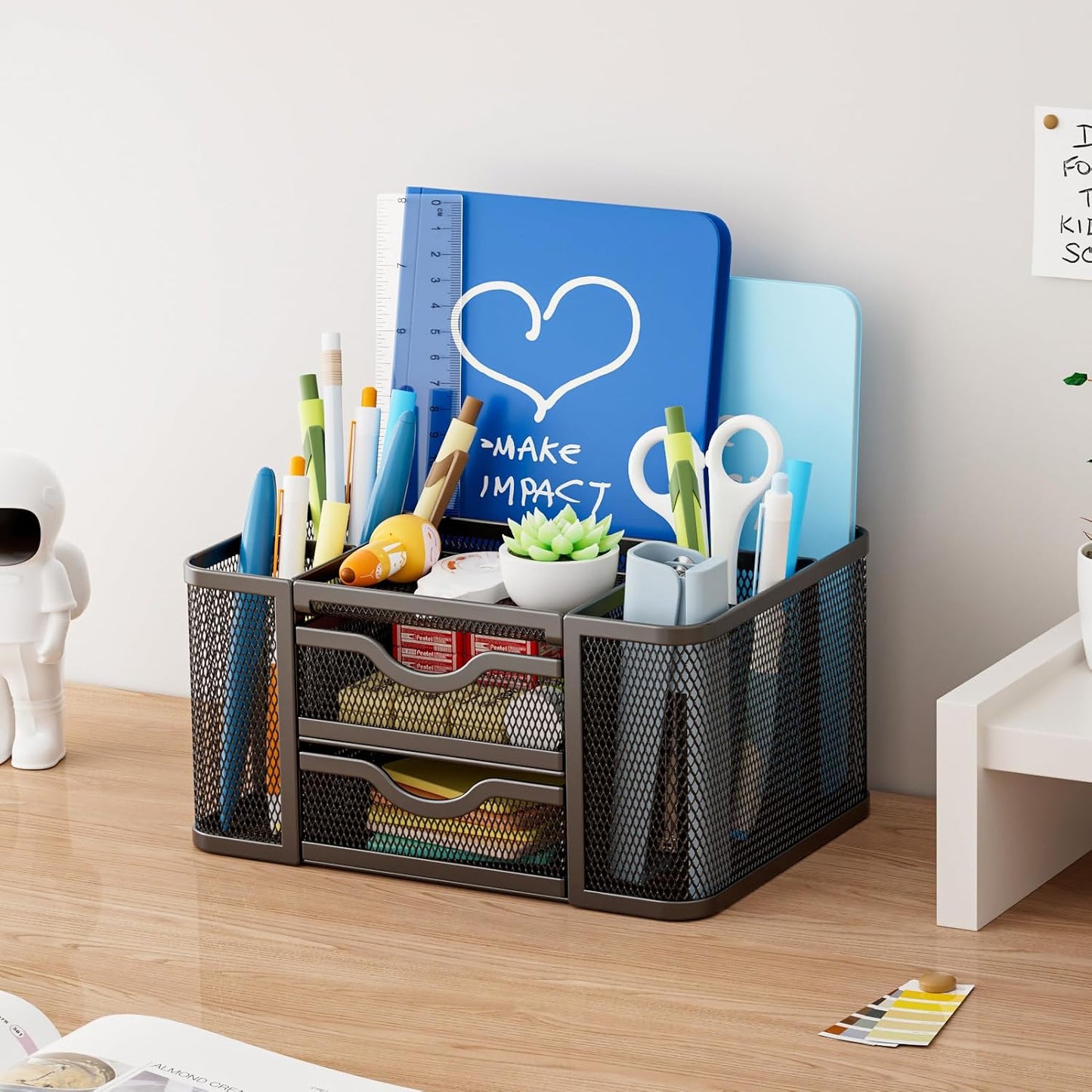 Marbrasse Mesh Desk Organizer, Pen Organizer with 2 Drawer, Multi-Functional Pencil Holder, Desk Organizers and Accessories with 5 Compartments + Drawer for Office Art Supplies (Black)