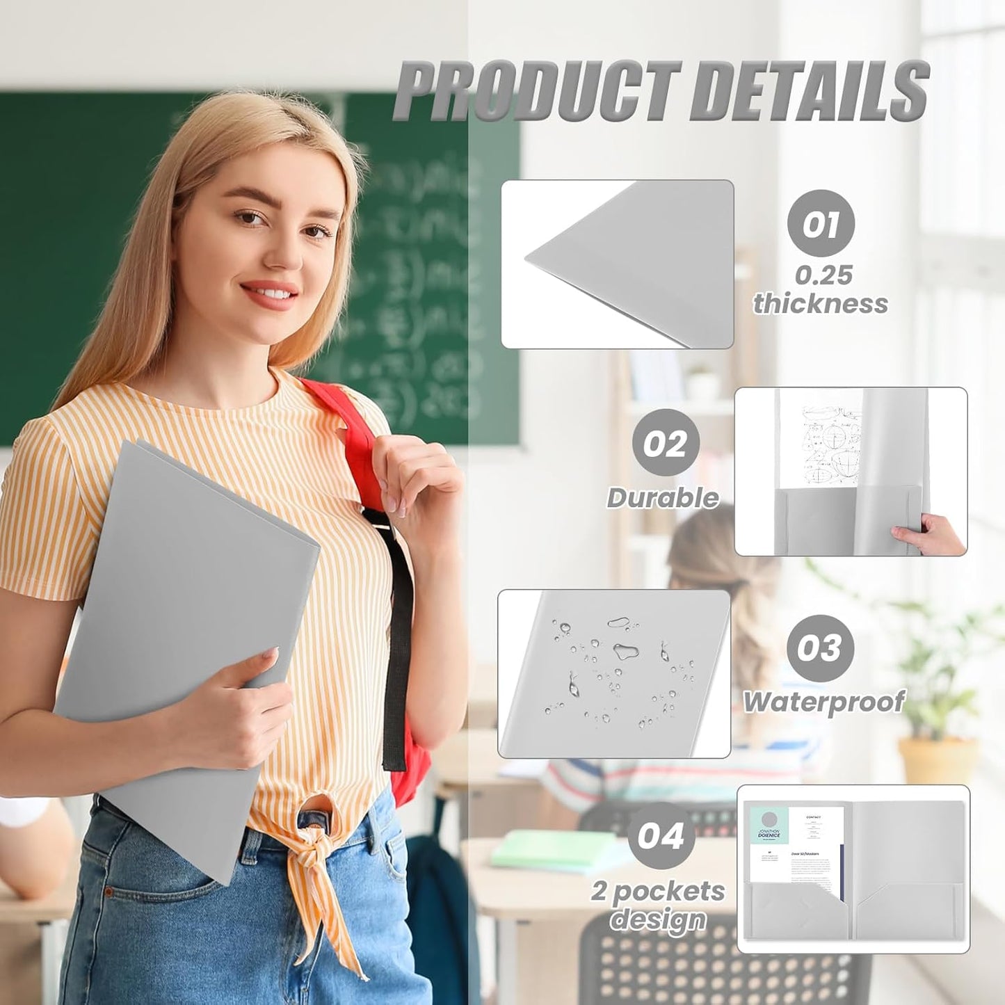 Gueevin 50 Pcs Plastic Folders with Pockets, Back to School Two Pocket Folder Fit Letter Size, Heavy Duty School Business Card Holder for Home Office, 11. 61 x 9. 45 Inches (Gray)