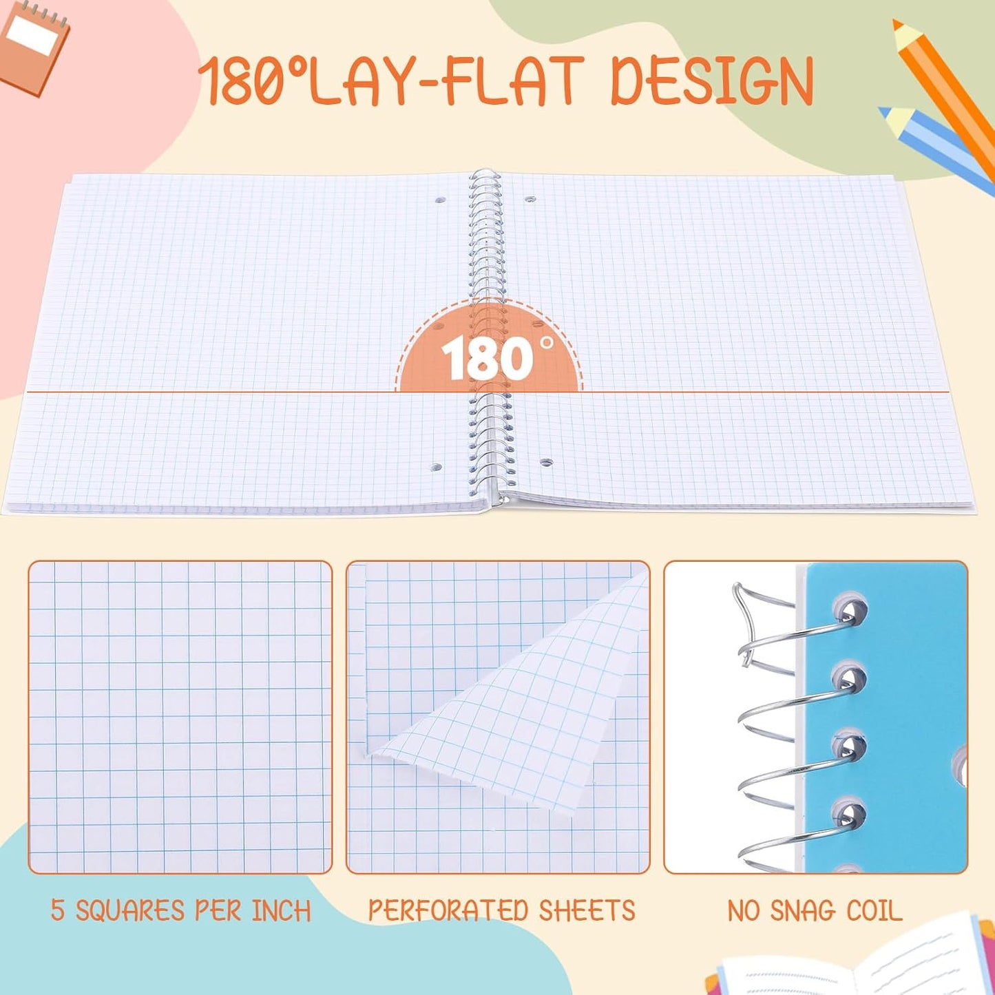 Jetec 9 Pack Graph Paper Spiral Notebook 8x10.5 Inch Quad Ruled Grid Notebooks 70 Sheets Graphing Paper for Math, Engineering, Work, School, and Lab, 5 Squares/inch, 3 Colors