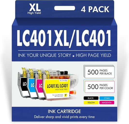 LC401XL LC401 MFC-J1010DW Ink Cartridges for Brother Printer LC 401 401XL for MFC-J1010DW MFC-J1170DW MFC-J1012DW MFC-J1800DW MFC J1010DW - 4 Pack High Yields Black Cyan Magenta Yellow