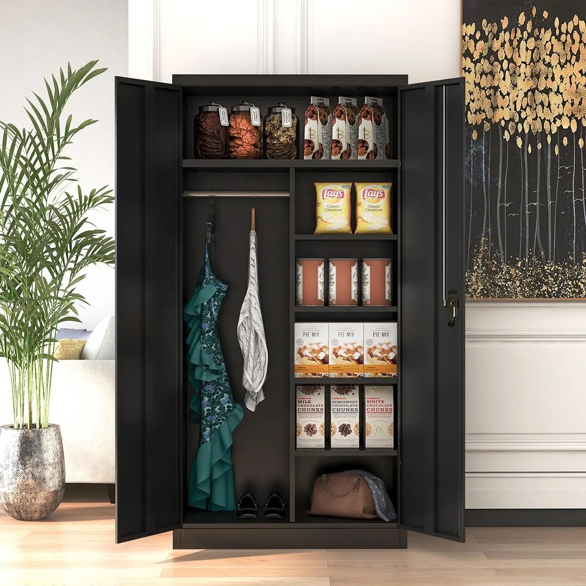 INTERGREAT Metal Storage Cabinet with Lock,Storage Wardrobe Cabinets with 4 Adjustable Shelves and Hanging Rod,Black Wardrobe Cabinet with Lockable Doors for Home Office,Warehouse,Garage