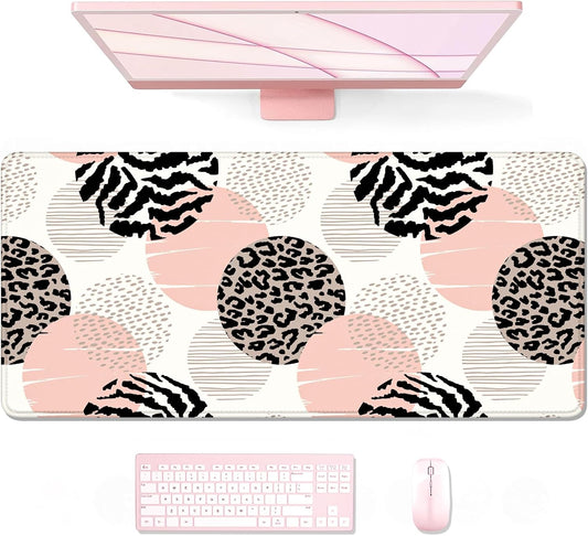 Auhoahsil Large Mouse Pad, XXL Gaming Mousepad, Desk Mat for Desktop, Thick Rubber, Big & Long Size, Stitched Edges, Full Desk Pad for Laptop & Computer, Extended 35.4 x 15.7 in, Pink Dots Leopard
