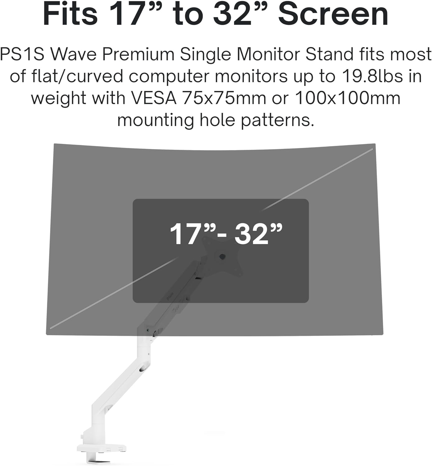 Pixio PS1S Wave White Single Monitor Arm Stand Desk Mount - Fits up to 32 inches Monitors and up to 19.8lbs. VESA Compatibility and Integrated Cable Management