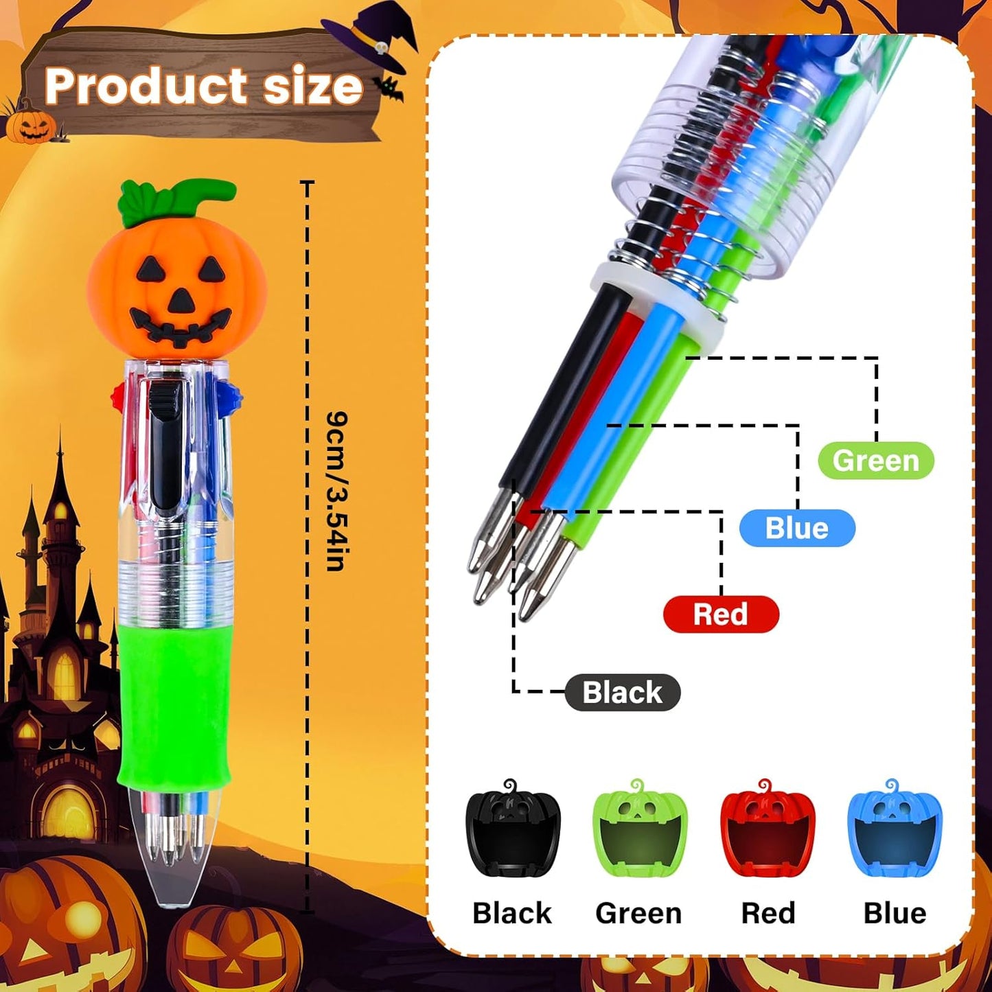 LiYiQ 50 Pcs Halloween Colorful Multicolor Pen in One Cartoon Cute Fun 4-in-1 Cute Pens Bulk Kawaii Pumpkin Ghost Bat Shape Cool Ballpoint Pens for Kids Fun Gifts