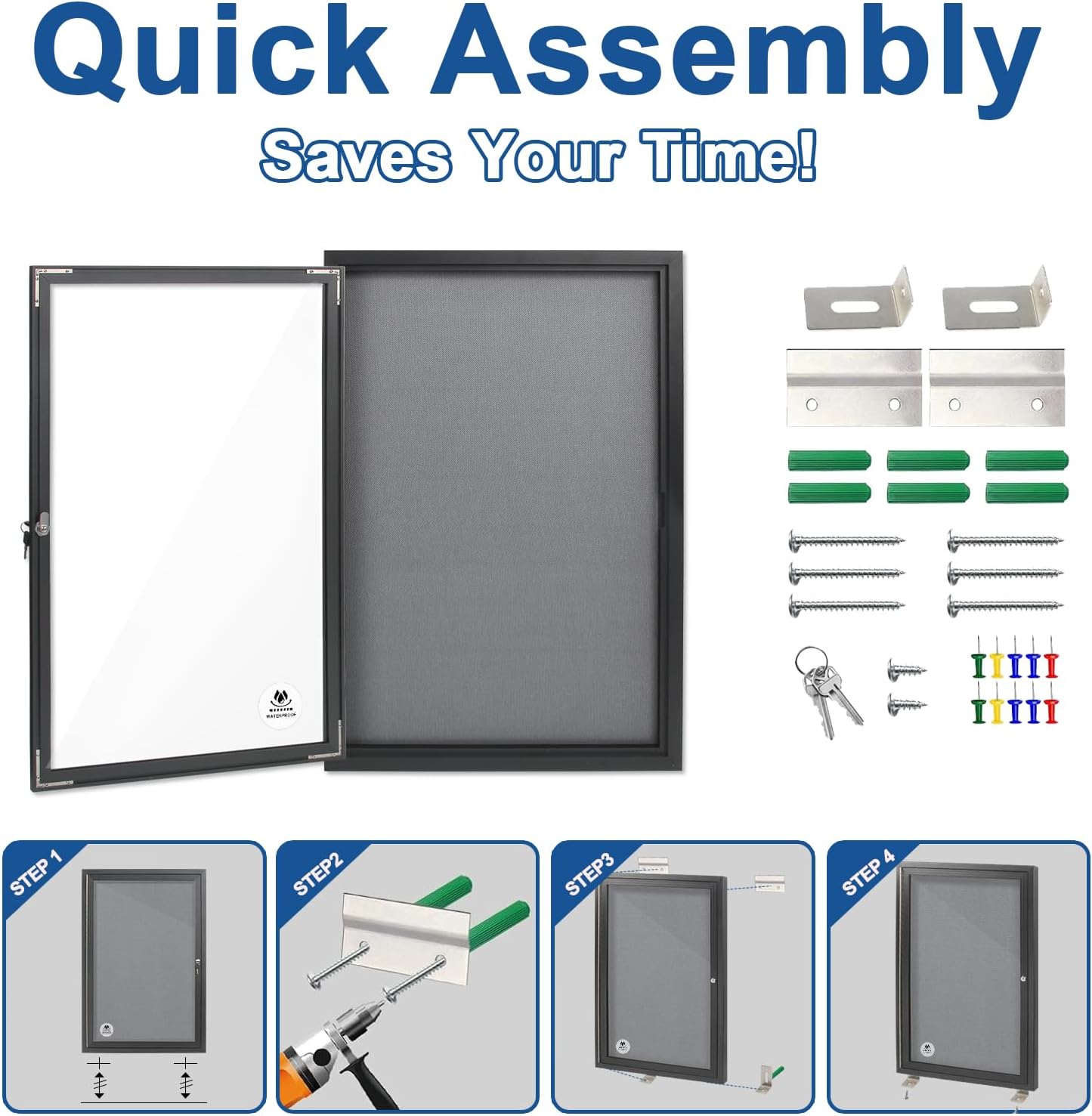 Lockable Outdoor Enclosed Bulletin Board,Weatherproof Cork Noticeboard with Locking Door, Wall-Mounted Aluminum Frame Display Case for Office, Home, School (Black Frame | Greyfelt Surface, 36x24 inch)