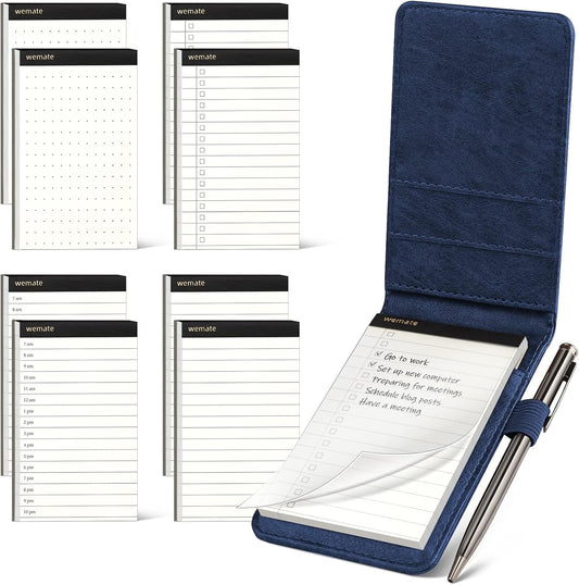 WEMATE 10 Pieces Small Notepad Holder Set Pocket Notebook - Included Mini Pocket Notepad Holder Set with 8 Memo Book Refills and Metal Pen for Meetings, Daily Records, and Notes 3 x 5 Inch (Blue)