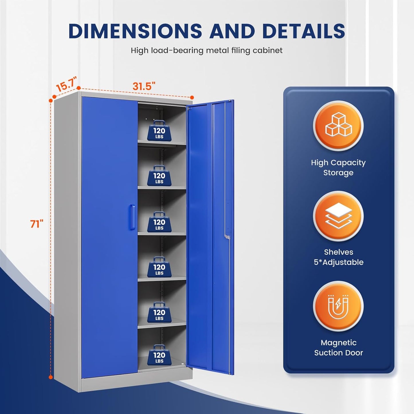 Yizosh Metal Garage Storage Cabinet with 2 Doors and 5 Adjustable Shelves - 71" Steel Lockable File Cabinet,Locking Tool Cabinets for Office,Home,Garage,Gym,School (Gray Blue)